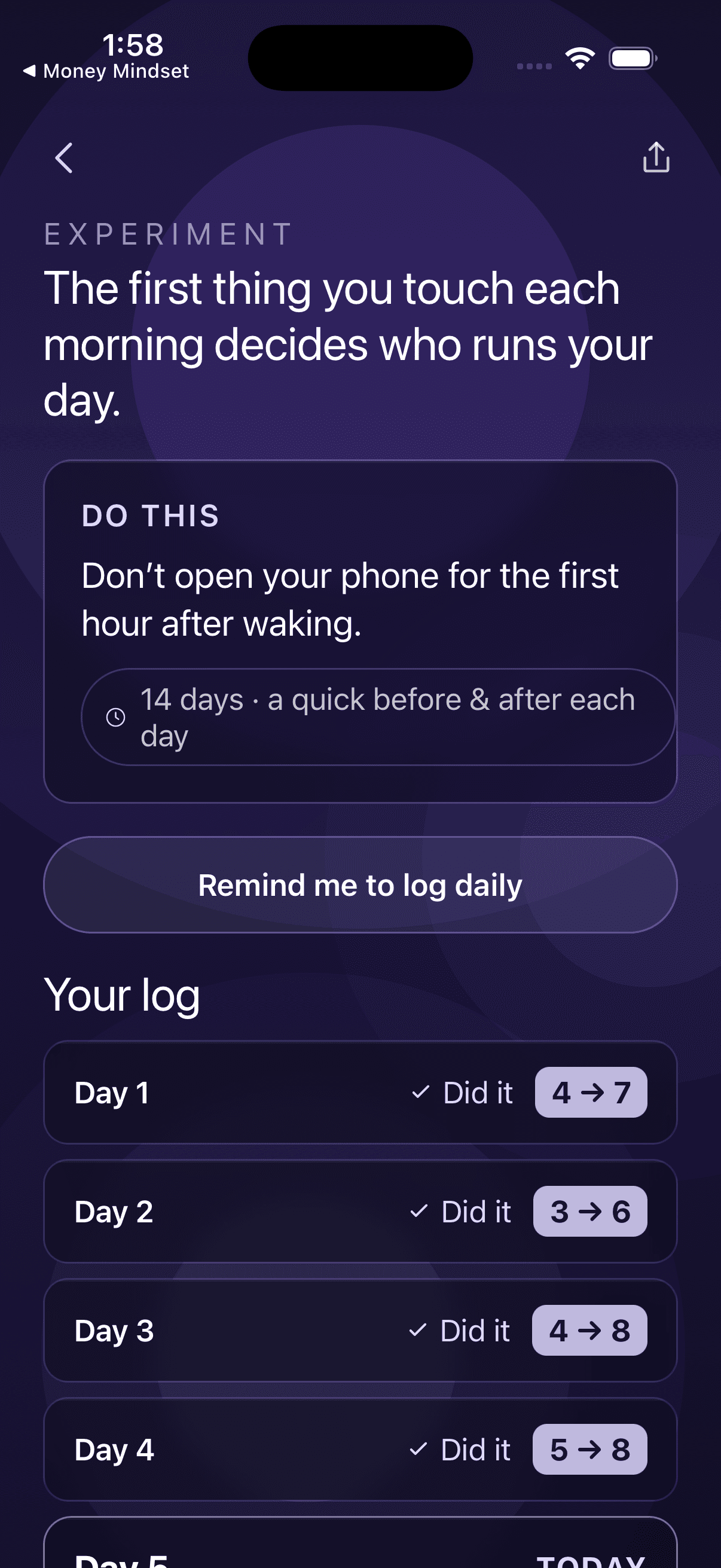 A running experiment — your daily log, baseline days and the days you did it